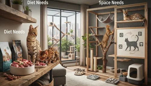 Diet and Space Needs for Hybrid Exotic Pet Cat Breeds