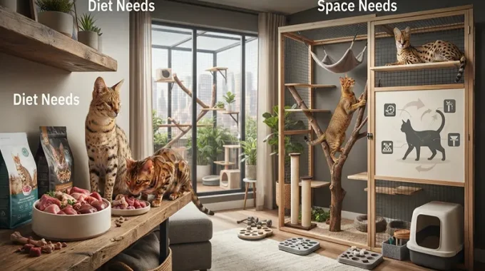 Diet and Space Needs for Hybrid Exotic Pet Cat Breeds